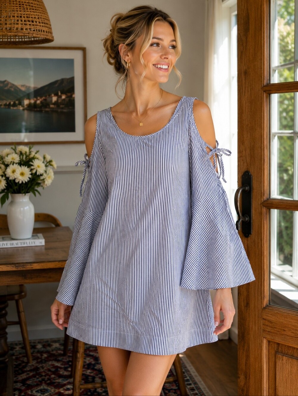 Avec Les Filles XS Cotton Striped Cold-Shoulder Shift Dress Navy White Beach